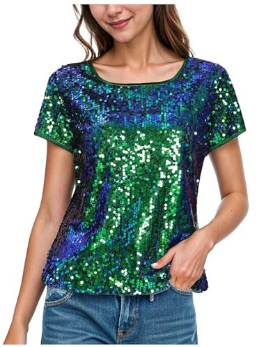 Damen Kurzarm Rundhals Glitzer Pailletten Tank Top Elegant Glänzendes Bluse Party Cocktail Oberteil Pailletten Oberteil Neckholder Bluse Elegant Rundhals Shirt Party Festlich Club Tops Pailletten