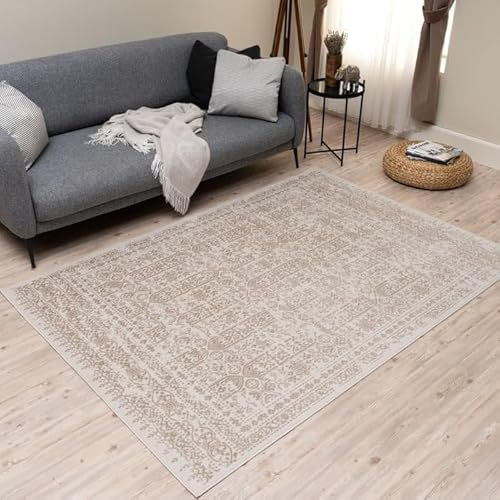 THE RUGS Montana Rug - Modern & Vintage Low Pile Area Rugs Living room, Bedroom, Kitchen, Soft Low Pile, Pet-Friendly, Easy to Clean [Vintage Cream/Beige, 200x290 cm]
