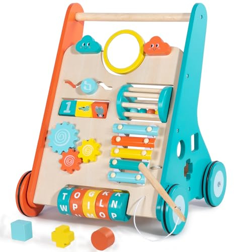 LOL-FUN Wooden Baby Walker 1 2 Year Old Boys Girls Push Along Toy | Toddler Walking Toys Age 12 Months Gift, Learning Activity Center with Mirror & Shapes