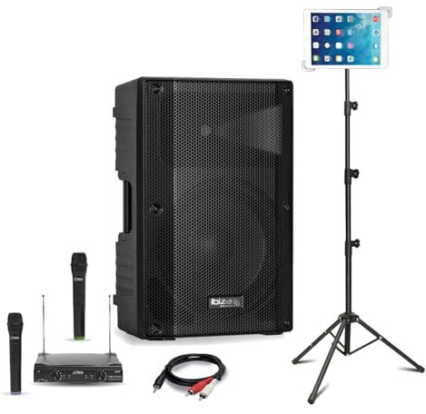 Ibiza - Karaoke Aktiv-Lautsprecher Bluetooth USB Ibiza XTK15A-MKII 600 W – 2 kabellose Mikrofone – Halterung für Tablet SMM20 – Hochzeit Party Sono