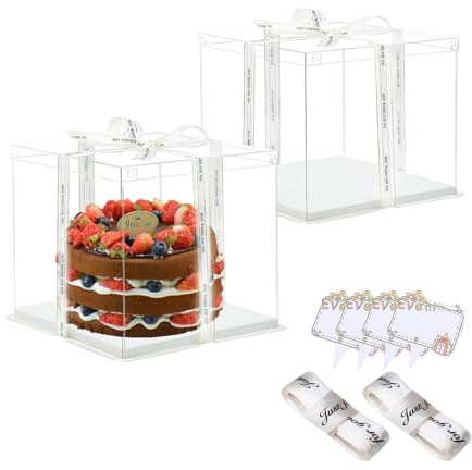 Vebetter 2 scatole trasparenti per torte, 30 x 30 x 17 cm, scatola per torte, scatola regalo, trasparente, con base e nastro, per compleanno, dessert, bianco