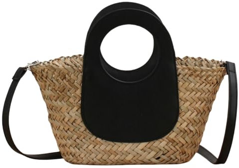 SZKCXBDB Straw bag With Leather Handles, Beach Bag, Basket Shoulder Shopping Basket, Market Fruit Basket-black