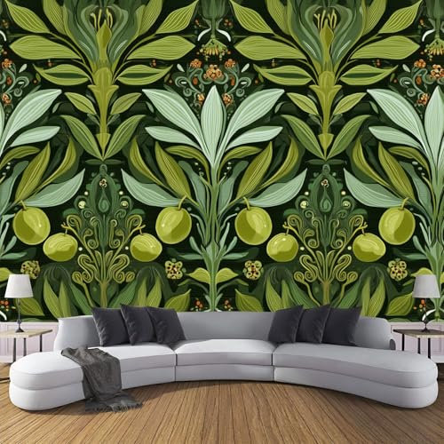 3D Papier Peint Vintage Floral, Feuilles D'Olivier Olive Vert citron Papier Peint Panoramique Pour Salon Restaurant Chambre Chambre D'Enfant Décoration Murale, 350x256cm (L×H), Sur Mesure Taille