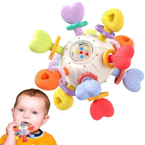 Infinno Baby Greifball & Rassel,BPA-freies Silikon Beißring-Spielzeug für 0-12 Monate, Multifunktionales Montessori Baby Geschenk Mit Leuchtenden Farben