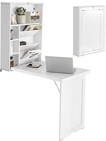 COSTWAY Folding Wall Mounted Drop-Leaf Table, Space Saving Floating Computer Desk, Home Office Living Room Bedroom Hanging Dining Table (White, without Blackboard, 60 x 94 x 151cm)