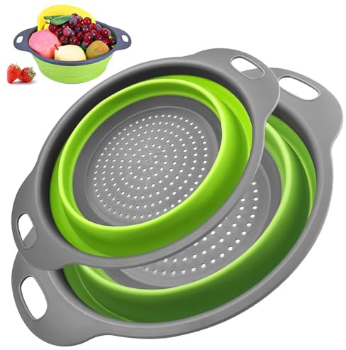 Set de 2 Coladores Plegables – Ø24,5 cm & 29 cm – Escurridor de Silicona y PP, Resistente al Calor hasta 230 °C – Salvaspacio, BPA-Free – Ideal para Pasta, Verduras y Frutas
