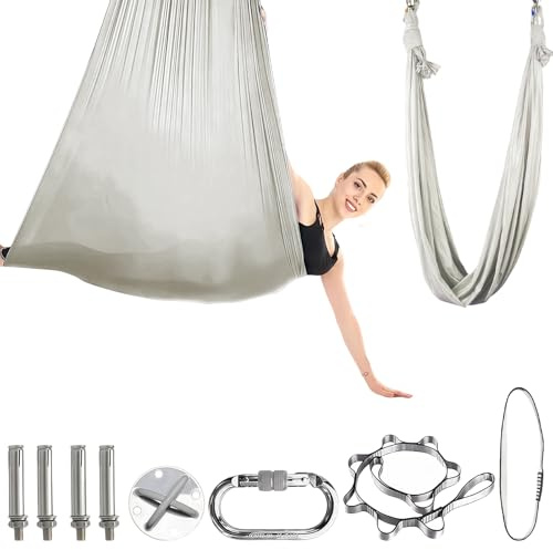 Aerial Yoga Hängematte Set Yogatuch zum Aufhängen(100x280CM) (Grau) | für Erwachsene Aerial Swing Air Fliegen Schaukel Hammock Swing mit Zubehör für Indoor Übungen Anti Gravity Übungen