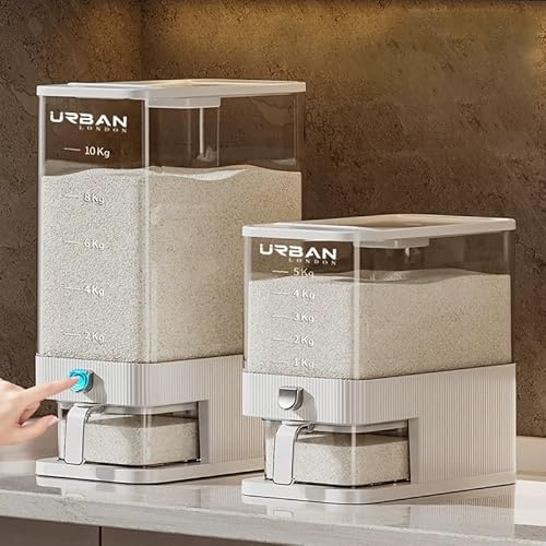 Urban London (5kg Oversized Food-Grade Plastic Rice Storage Container with Press Dispenser | Airtight, Insect-Proof & Moisture-Resistant Kitchen Storage Box