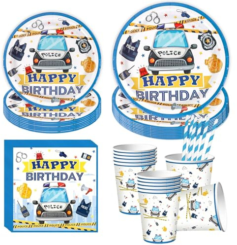 Polizeiwagen Partygeschirr Set Polizei Deko, Polizeiauto Pappteller Tassen Servietten, 10 Gäste Kindergeburtstag Deko Polizei Geburtstag Deko, Polizei Kindergeburtstag Party Deko für Junge Mädchen
