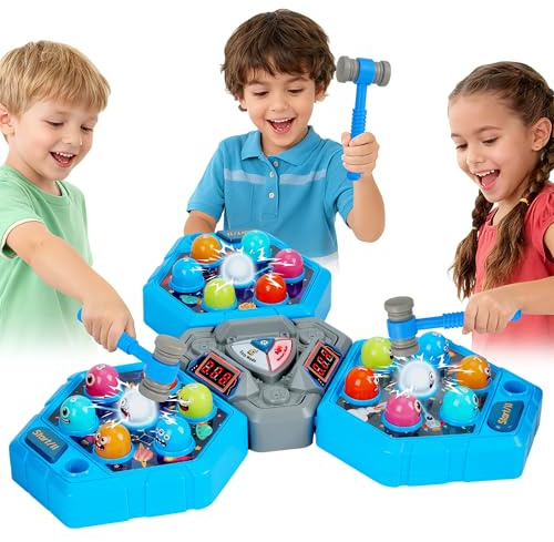 Guffawz 3-Player Whack Game Toy Mole with Lights & Sounds, 3Modes&7Speed Levels, LED Scoreboard, Interactive Hammer Toy, Educational Pounding Game for Kids Ages 3-10, Gifts for Boys & Girls