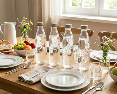 Set 4 Bottiglie in Vetro 1 Litro Acqua Con Tappo a Vite Acciaio Inox e Scritte Caraffa da Tavola Eleganti Bottiglia per Acqua e Succhi Mod. Habby
