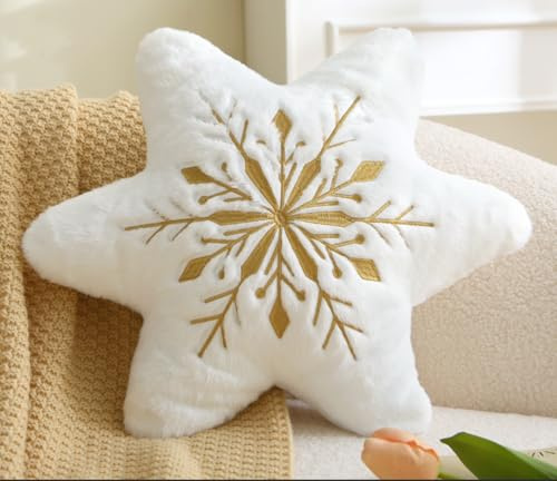 MolynnChic Schneeflocke Dekokissen – Weißes Plüschkissen in Sternform mit Goldener Stickerei – Weiches Weihnachtskissen für Sofa, Couch, Schlafzimmer & Winterdeko