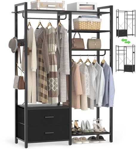 iSunirm Open Wardrobe with Drawers - Clothes Rail Freestanding with 2 Drawers, Heavy Duty Garment Rack Wardrobe System with Hanging Rail & Hooks, 115cm Reversible Closet Storage Organiser, Black