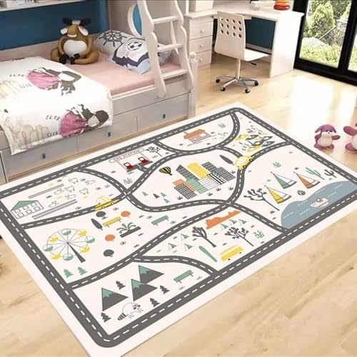 City Road Spielmatte, große Bodenmatte mit Verkehrskarten-Design, Abenteuerspielmatte, buntes Verkehrs- und Gebäudemuster (140 x 200 cm)