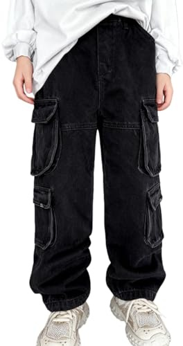 Rolanko Boys Baggy Jeans, Cargo Wide Leg Jogger Jeans with Multi Pockets, Elastic Waist Denim Trousers for Teen Kids
