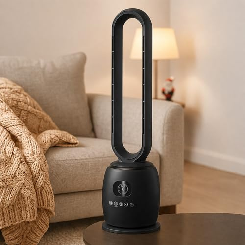 JSH 34 Bladeless Hot & Cool Tower Fan | 2000W Quiet Indoor Oscillating Home Office Bedroom Heat & Air Cooler | Remote Control, 12H Timer, 3 Speeds, Anti Tip & Overheat Protection (Black)