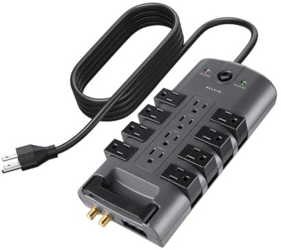 Belkin Surge Protector Power Strip w/ 8 Rotating & 4 Standard Outlets - 8ft Sturdy Extension Cord w/ Flat Pivot Plug for Home, Office, Travel, Desktop & Charging Brick - 4320 Joules of Protection