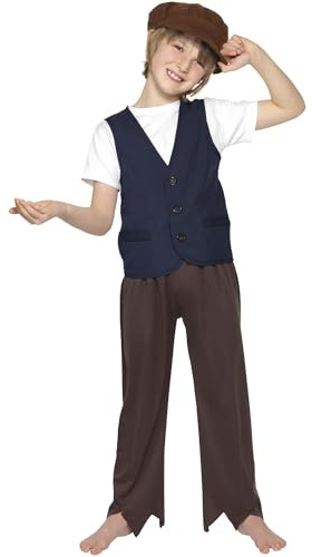 Smiffys Victorian Poor Peasant Boy Kit, Brown Waistcoat & Hat, Boys Fancy Dress, Child Dress Up Costumes