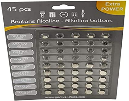GENIUS IDEAS 9431 - Lot de 45 Pièces Piles Boutons Alcalines - Idéal pour Faire Fonctionner Vos Petits Appareils