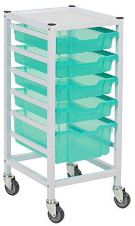 Gratnells hospital-grade single compact medical trolley with storage trays. Antimicrobial metal and trays