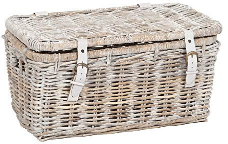 LEBENSwohnART Rattan Truhe RESSY White Wash 60cm Couchtisch Wohnzimmertisch Handarbeit Kiste