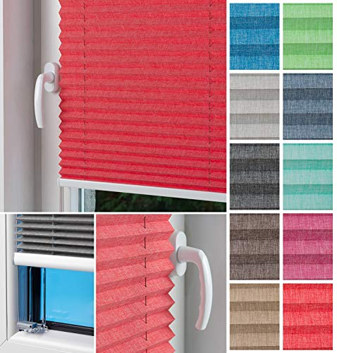 Home-Vision® Plissee Faltrollo ohne Bohren zum Kleben, Innenrahmen, Kollektion Melange Leinenoptik Blickdicht Sonnenschutz Jalousie für Fenster & Tür (Rot - Höhe 100cm x Breite 70cm)