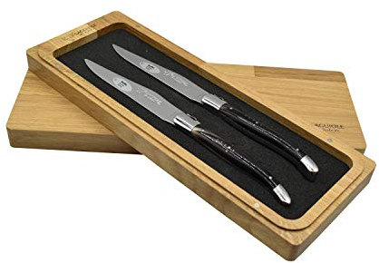 Laguiole en Aubrac L Uxury Steakmesser, komplett geschmiedet, aus Edelstahl, 2-teiliges Set mit Griff aus Büffelhorn, glänzende Nackenrollen aus Edelstahl