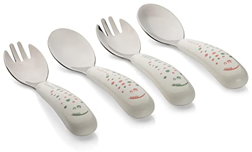 MiaMia Set de Mini Cubiertos Infantiles - 4 Ud. (2x Tenedor 2x Cuchara), Cubiertos Bebe Acero Inoxidable Sin Contaminantes, Mangos Gruesos - Crema