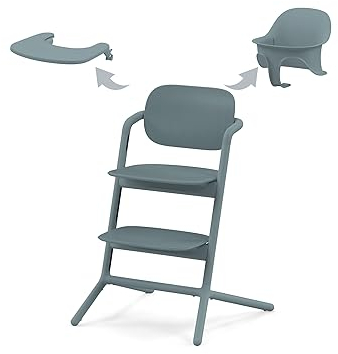 CYBEX Gold LEMO Hochstuhl 3in1-Set, Mitwachsend, 6 Monate - 99 Jahre, Verwendbar ab Geburt durch separaten Gold Bouncer, Inkl. Baby-Set und Snack Tray, Buchenholz/Aluminium/Kunststoff, Stone Blue