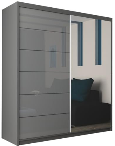 MN Furniture Amsterdem High Gloss and Mirror Sliding Double Door Wardrobe 150cm 180cm (Grey, 180cm)