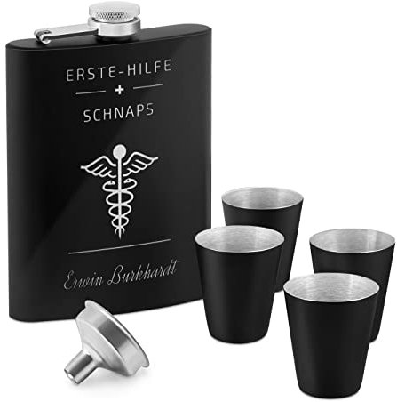 Maverton Flachmann Set 200 ml mit Gravur - Taschenflasche + 4 Schnapsgläsern 20 ml mit Trichter - Brustflasche für Männer - Farbe: mattschwarz - Erste-Hilfe