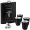 Maverton Flachmann Set 200 ml mit Gravur - Taschenflasche + 4 Schnapsgläsern 20 ml mit Trichter - Brustflasche für Männer - Farbe: mattschwarz - Erste-Hilfe