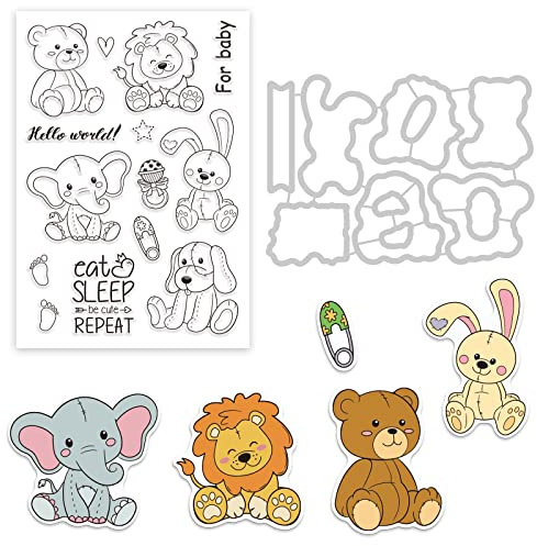 GLOBLELAND Puppe Bär Hase Löwe Elefant Pin Fußabdruck Stempel und Stanzformen Transparent für Kartenherstellung, Dekoration und DIY Scrapbooking, mentale Stanzformen