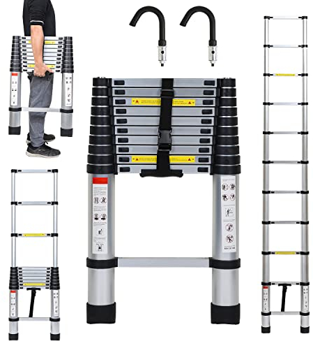 SWANEW Scala telescopica in alluminio, scala estensibile da 3,2 m con 2 ganci staccabili, scala a gradini antiscivolo, scala di estensione multiuso, scala domestica con portata di 150 kg