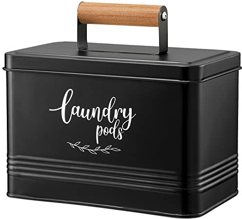 PERFNIQUE Laundry Pods Container, Farmhouse Laundry Pods Holder with Lid for Laundry Room Decor and Accessories, Metal Detergent Pods Container for Laundry Room Organization and Storage (Black, Pods)