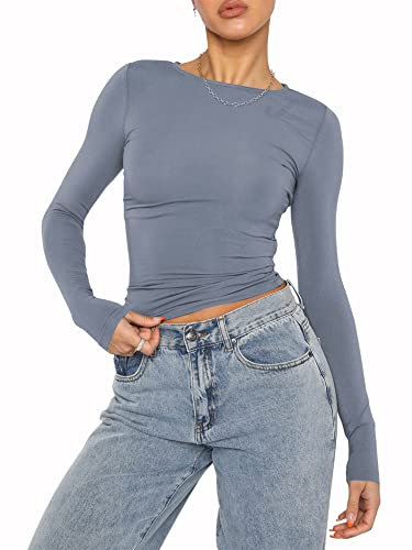 Springcmy Women's Slim Fit Crop Tops Casual Solid Color Crew Neck Long Sleeve Tight T-Shirt Basic Baby Skim Dupe Blouse Tee Tops (A2-Blue, S)