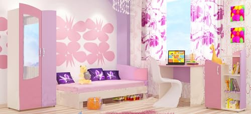 ARREDO DA CASA Cameretta per Bambina Rosa e Lilla Completa di Armadio ad Ante Battenti Scrivania Letto Singolo e Mobiletto Set Arredamento Moderno CCU10 (solo camera)