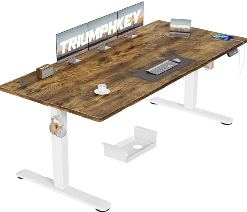 TRIUMPHKEY Bureau Assis Debout Électrique 180×80 cm, 3 Mémoires, Marron | Port USB-A, Anti-Collision, Rappel Sédentaire, Charge 70 kg, Hauteur 72-116 cm, moteur silencieux <50dB