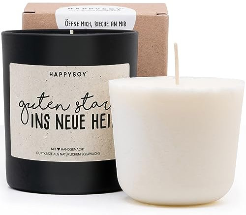 Duftkerze + Refill Wachs - HAPPYSOY Geschenke zum Einzug - Duftkerze im Glas mit Spruch als Einzugsgeschenke Wohnung oder Haus - handgemacht und nachhaltig
