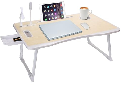 Mesa de cama USB para laptop, bandeja plegable con puerto de carga USB, asa, ranura para tarjetas de escritorio/taza, cajón lateral, soporte portátil para comer, leer, trabajar y acampar
