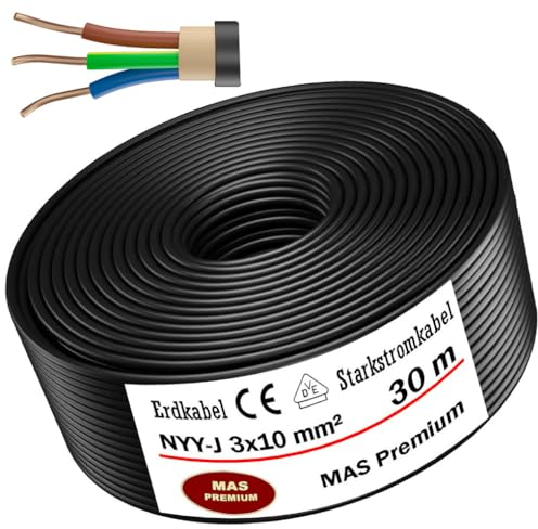 MAS Premium 5-170m NYY-J 3x1,5 2,5 4 6 10 16 oder 5x1,5 2,5 4 6 10 16 Erdkabel Starkstromkabel Elektrokabel Ring zur Verlegung im Freien Erdreich (NYY-J 3x10 mm², 30m)
