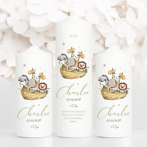 Taufkerze oder Kerze zur Geburt Junge Mädchen Arche Noah Tiere in einem Boot, pastell mit Namen, Datum und Spruch, 1 Taufk. + 2 Patenk.