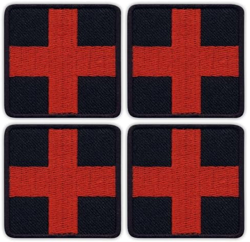 Set von vier – Rotes Medic Kreuz auf schwarzem Hintergrund – quadratisch – zum Aufnähen – bestickter Aufnäher/Abzeichen/Emblem