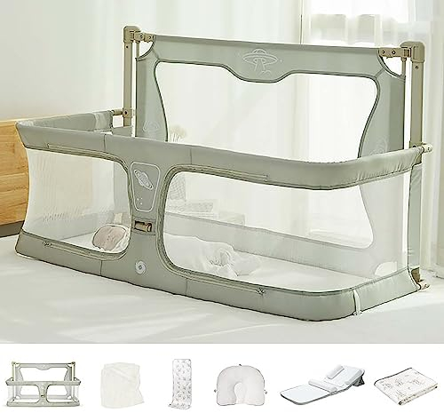 sjdoPulse 3-In-1-Stubenwagen-Nachttisch, Nachttisch, Für Das Bett, Komplettes Zubehör, Mit Mesh-Einlage, Sommerlicher Kühlmatte, Wickelauflage Und Formkissen, Bettaufsatz Für Co-Schlafen