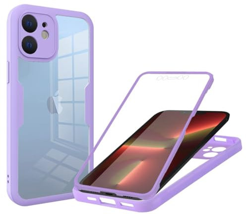 Skyhewen for iPhone 12 Case Built-in Screen Protector, 360°Full Body Military Grade Drop Protection Transparent Silicone Rugged Bumper Cover Clear Phone Case for iPhone 12, Purple