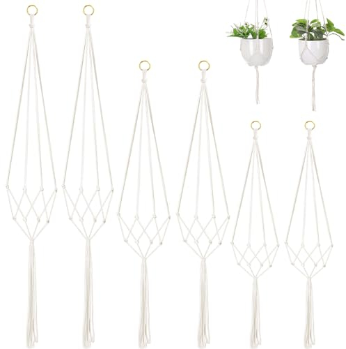 6 Pezzi Vasi Sospesi per Piante, Porta Vasi da Appendere con Nappa, Portavaso Sospeso per Piante da Interno ed Esterno - per Balcone Decorazioni da Giardino (Bianco)
