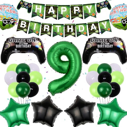 9th Birthday Decorations for Boys - 46 Pieces Green Video Game Party Decor, Happy Birthday Banner, Gaming Balloons and Game Controller Foil Balloons Set, Gamer Theme Party Supplies