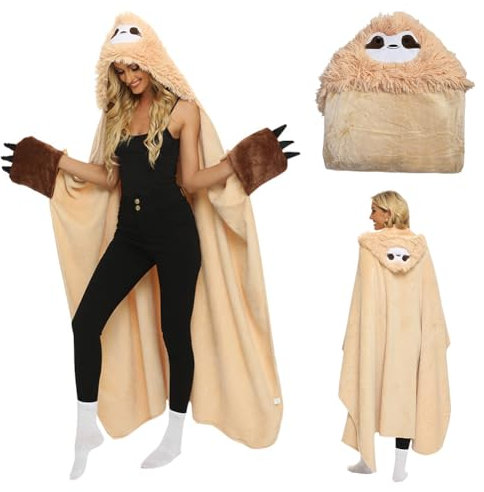 EUBSWA Faultier Hoodie Decke für Frauen 152x126cm, Superweiche Sofadecke Flauschig Cartoon Kuscheldecke mit Ärmeln, Niedliches Wohndecke Geschenk für Frauen Kinder, Khaki