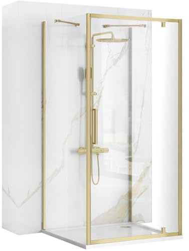 Rea Box Douche d'angle Rapid Swing Or brossé 100x90 Cabine de douche sans bac à douche Verre de sécurité trempé Transparent 6 mm (Or brossé) porte : 100 paroi : 90 cm