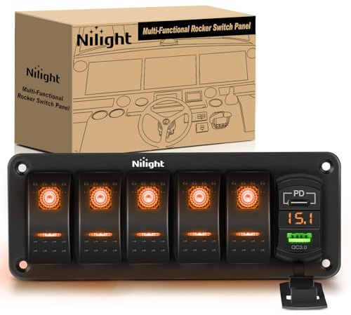Nilight 5-Gang-Wippschalter-Panel mit PD Typ C und USB-Ladegerät, Voltmeter, 12 V, SPST ON-Off-Schalter-Panel mit orangefarbener Hintergrundbeleuchtung, wasserdichter Aluminium-Wippschalter für Boote,